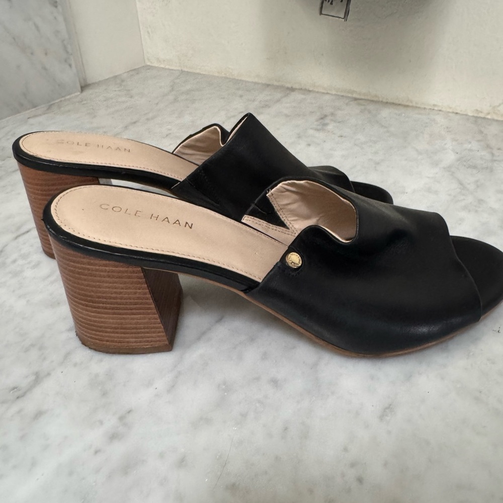 Cole Haan Black Leather Mules with Wooden Heel - Picture 3 of 7